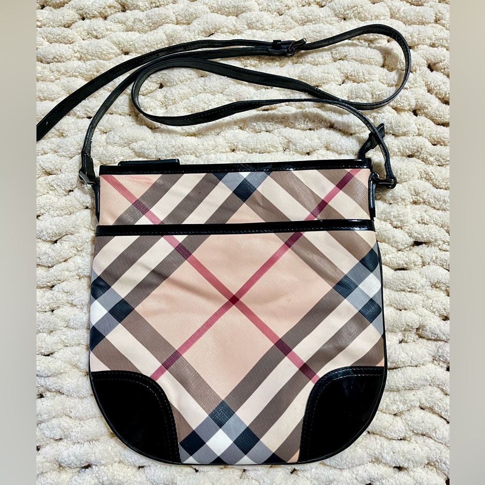 BURBERRY Dryden Supernova Check Coated Patent Leather Shoulder Crossbody Bag
